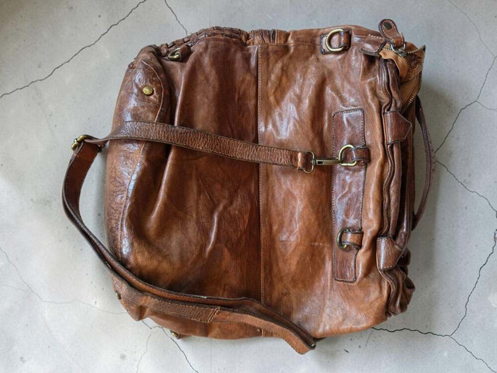 Langellotti Brown Leather Handbag Woven Design Made In Italy